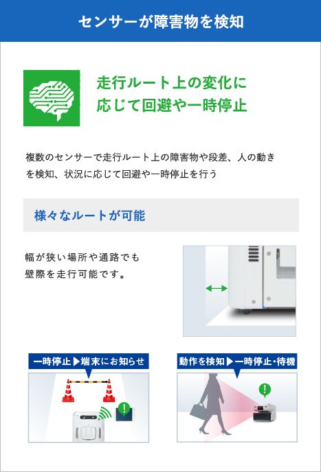 3Dカメラやバンパーセンサーなど、複数のセンサーにより障害物検知して、安全性確保します。
