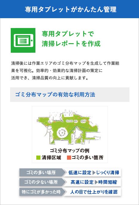 稼働状況について、障害時はメール配信、終了時はメール通知します。 専用タブレット端末にて清掃レポートを管理し、清掃の効率化を図ります。